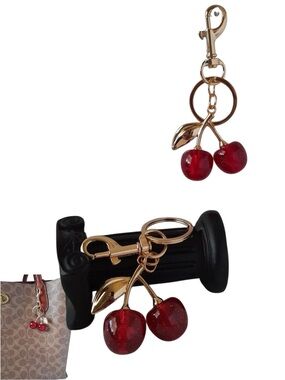 Mini Cherry Bag Charm 2pc Red Resin Glitter Purse Gold Keychain Set